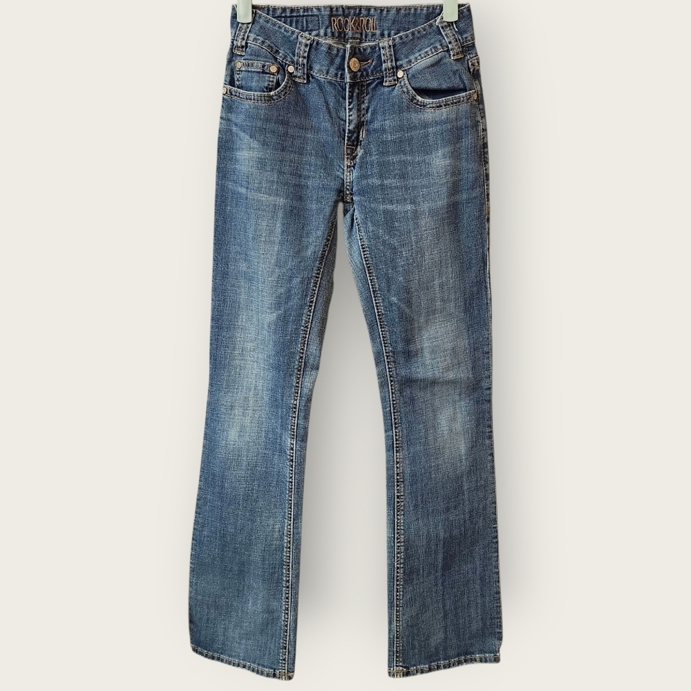 Rock and Roll Denim Mid Rise Boot Cut Jeans Sz 27 X 34 - Picture 2 of 6